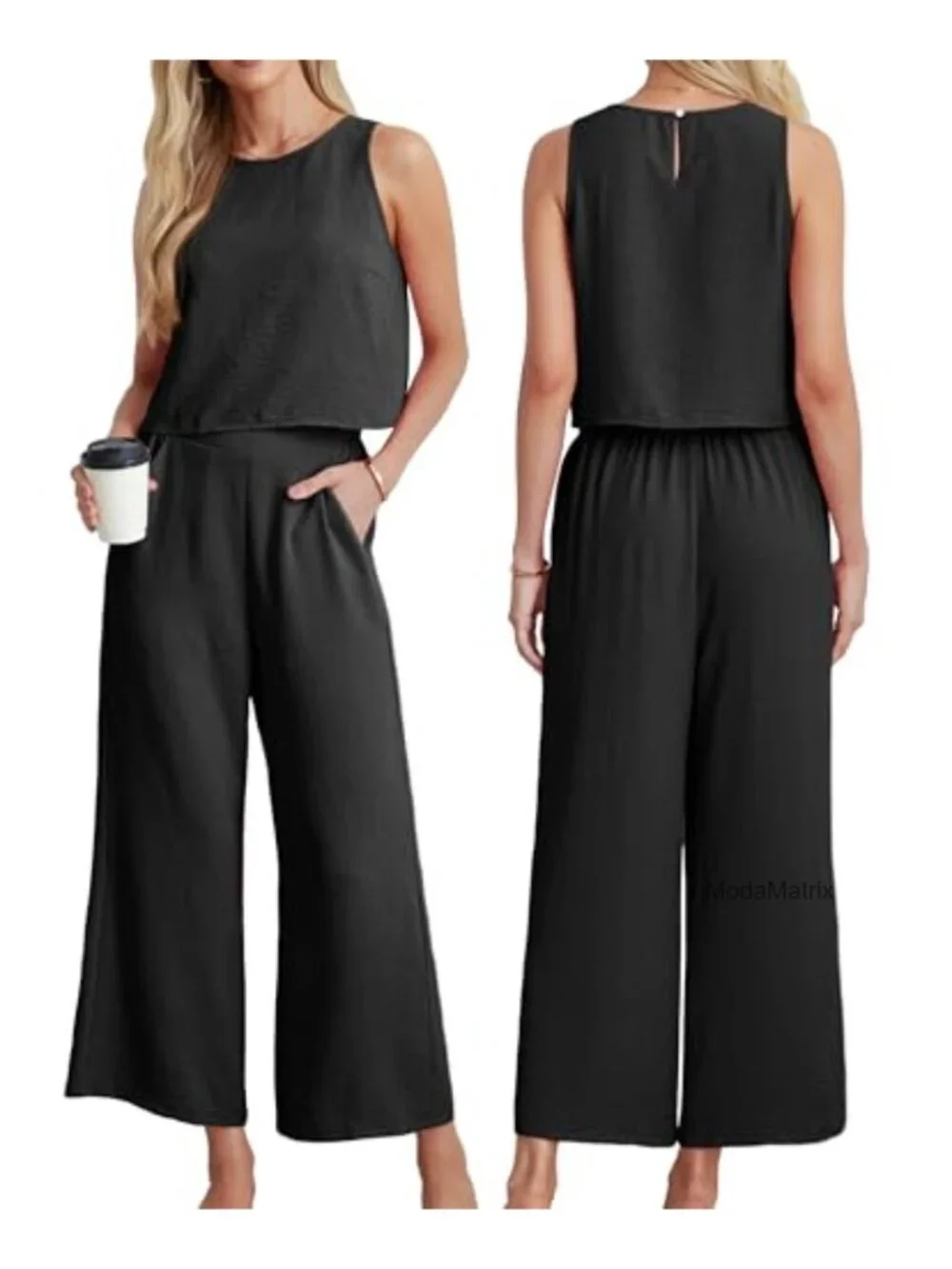 Women's 2 Piece Outfit Set Sleeveless Crop Top Wide Leg Pants with Pockets